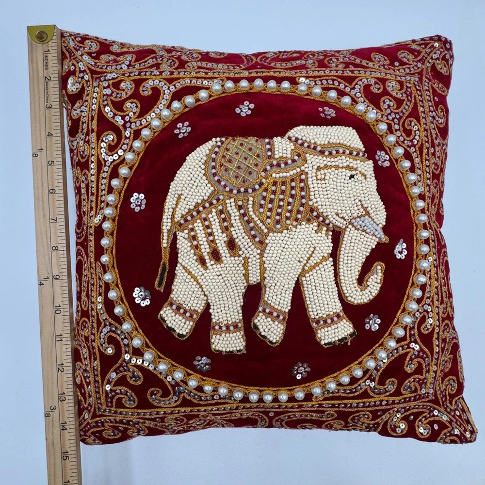 Handmade Elephant Throw‎ Pillow Red Velvet Beaded Sequin Boho Decor